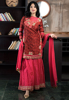 Embroidered Art Silk Jacquard Pakistani Suit in Maroon