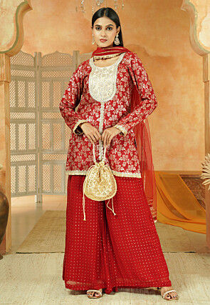 Embroidered Art Silk Jacquard Pakistani Suit in Maroon