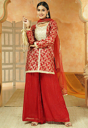 Embroidered Art Silk Jacquard Pakistani Suit in Maroon