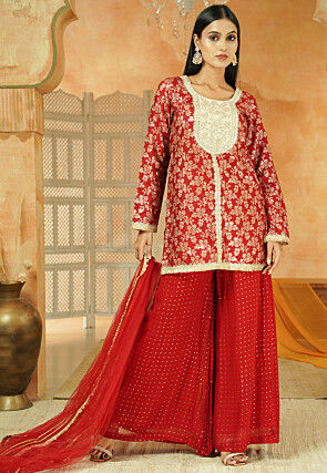 Embroidered Art Silk Jacquard Pakistani Suit in Maroon