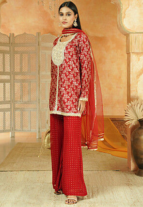 Embroidered Art Silk Jacquard Pakistani Suit in Maroon