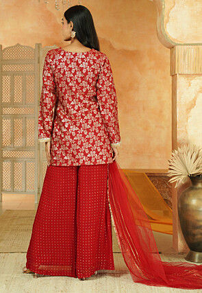 Embroidered Art Silk Jacquard Pakistani Suit in Maroon