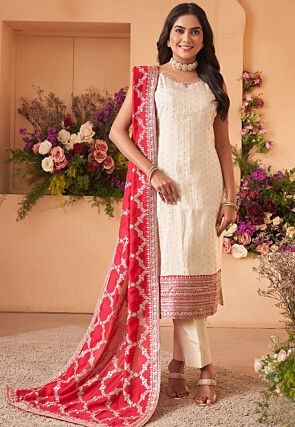 Embroidered Art Silk Jacquard Pakistani Suit in Off White