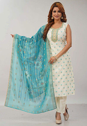 Embroidered Art Silk Jacquard Pakistani Suit in Off White
