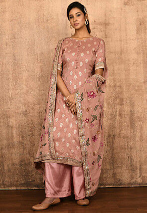 Embroidered Art Silk Jacquard Pakistani Suit in Old Rose