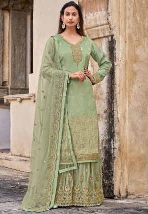 Embroidered Art Silk Jacquard Pakistani Suit in Pastel Green
