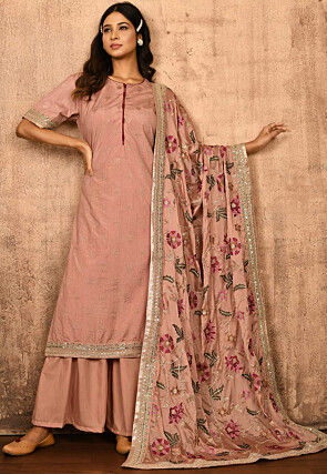 Embroidered Art Silk Jacquard Pakistani Suit in Peach