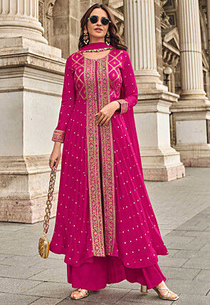 Embroidered Art Silk Jacquard Pakistani Suit in Pink
