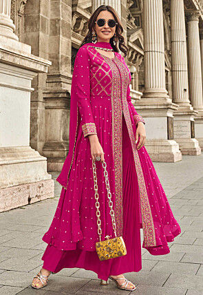 Embroidered Art Silk Jacquard Pakistani Suit in Pink