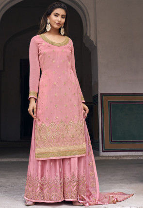 Embroidered Art Silk Jacquard Pakistani Suit in Pink