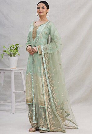 Embroidered Art Silk Jacquard Pakistani Suit in Sea Green