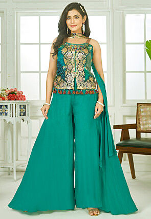 Embroidered Art Silk Jacquard Pakistani Suit in Turquoise