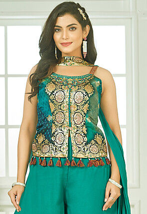 Embroidered Art Silk Jacquard Pakistani Suit in Turquoise