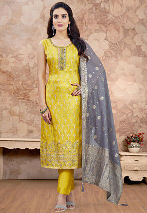 Embroidered Art Silk Jacquard Pakistani Suit in Yellow