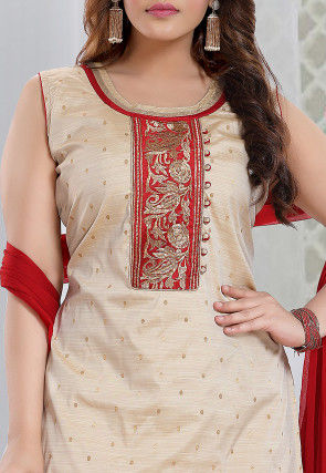 Embroidered Art Silk Jacquard Punjabi Suit in Light Beige