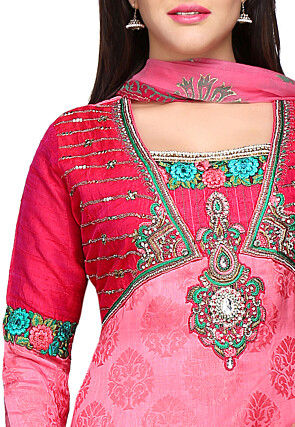 Embroidered Art Silk Jacquard Punjabi Suit in Pink