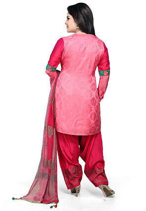 Embroidered Art Silk Jacquard Punjabi Suit in Pink