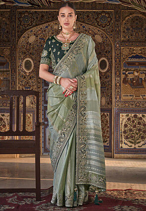 Embroidered Art Silk Jacquard Saree in Dusty Green