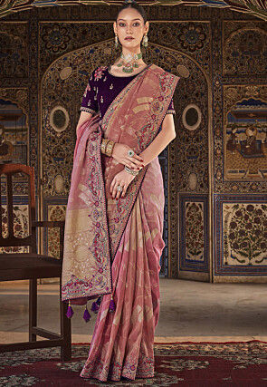 Embroidered Art Silk Jacquard Saree in Peach