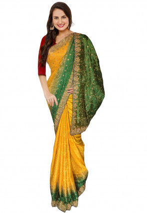 Embroidered Art Silk Jacquard Saree in Yellow and Green