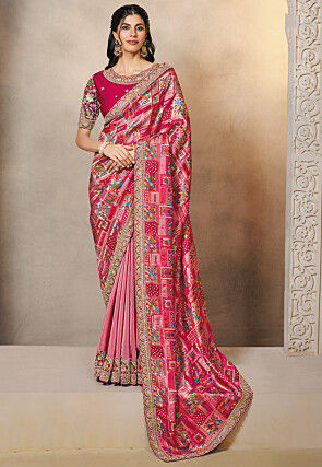 Half n Half Art Silk Jacquard Scalloped Saree in Pink