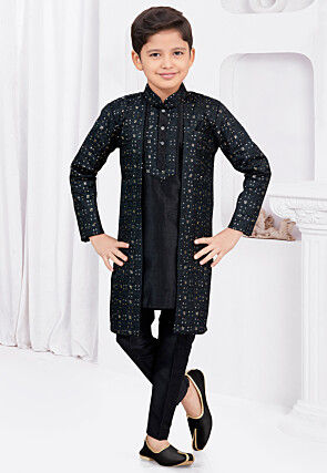 Embroidered Art Silk Jacquard Sherwani in Black