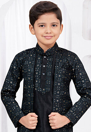 Embroidered Art Silk Jacquard Sherwani in Black