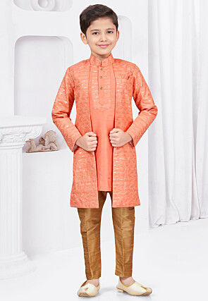 Embroidered Art Silk Jacquard Sherwani in Dark Orange