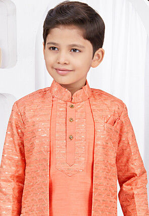 Embroidered Art Silk Jacquard Sherwani in Dark Orange