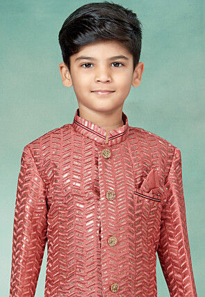 Embroidered Art Silk Jacquard Sherwani in Dark Peach