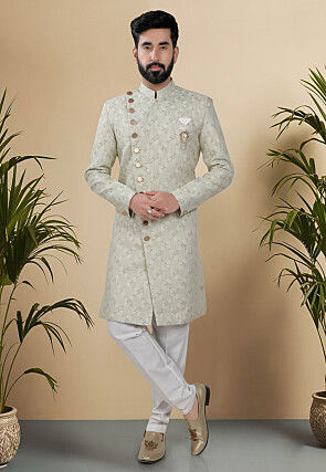 Embroidered Art Silk Jacquard Sherwani in Dusty Green