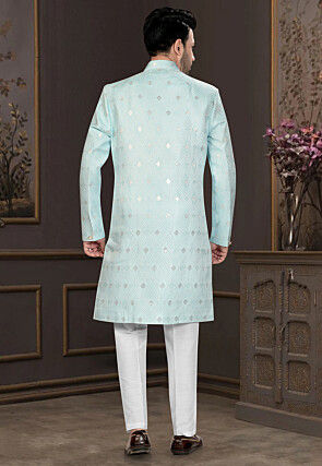 Embroidered Art Silk Jacquard Sherwani in Light Blue