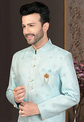 Embroidered Art Silk Jacquard Sherwani in Light Blue