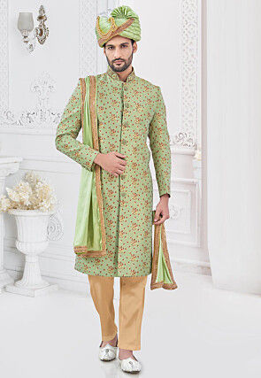 Embroidered Art Silk Jacquard Sherwani in Light Green