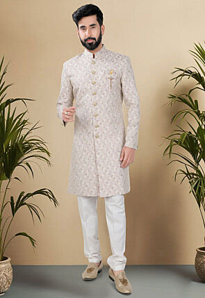 Embroidered Art Silk Jacquard Sherwani in Light Purple