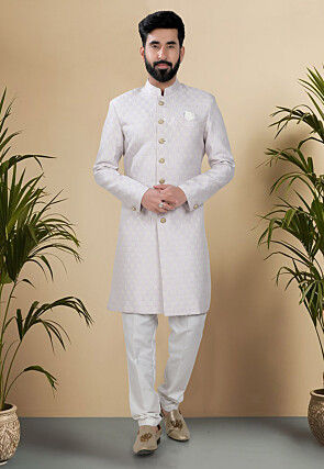 Embroidered Art Silk Jacquard Sherwani in Light Purple