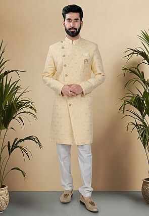 Embroidered Art Silk Jacquard Sherwani in Light Yellow