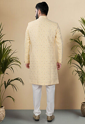 Embroidered Art Silk Jacquard Sherwani in Light Yellow