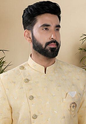 Embroidered Art Silk Jacquard Sherwani in Light Yellow