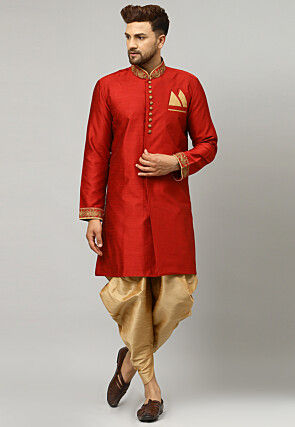 Embroidered Collar Art Silk Jacquard Sherwani in Maroon