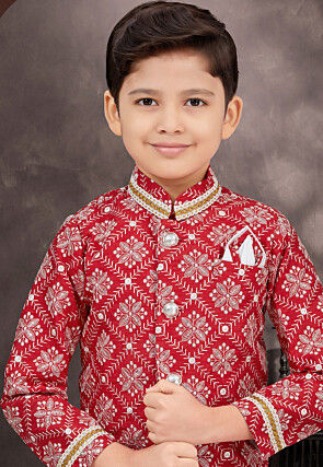 Embroidered Art Silk Jacquard Sherwani in Maroon