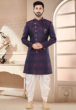 Embroidered Art Silk Jacquard Sherwani in Navy Blue and Purple