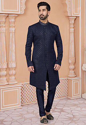 Black Velvet Embroidered Men's Sherwani For Pakistani Wedding MSTV03217
