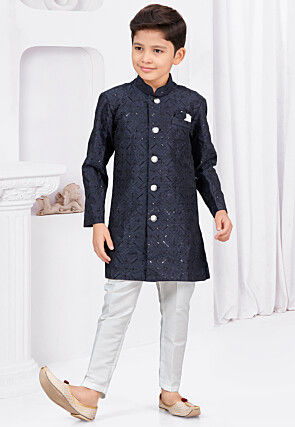 Embroidered Art Silk Jacquard Sherwani in Navy Blue
