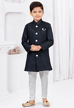 Embroidered Art Silk Jacquard Sherwani in Navy Blue