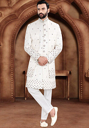 Embroidered Art Silk Jacquard Sherwani in Off White