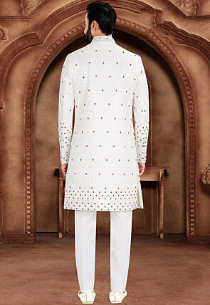 Embroidered Art Silk Jacquard Sherwani in Off White