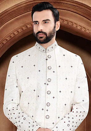 Embroidered Art Silk Jacquard Sherwani in Off White