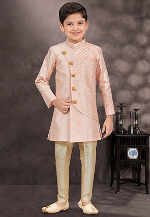 Embroidered Art Silk Jacquard Sherwani in Peach