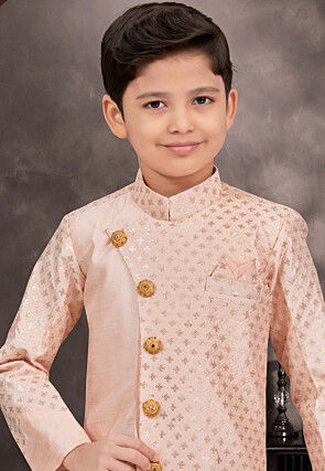Embroidered Art Silk Jacquard Sherwani in Peach